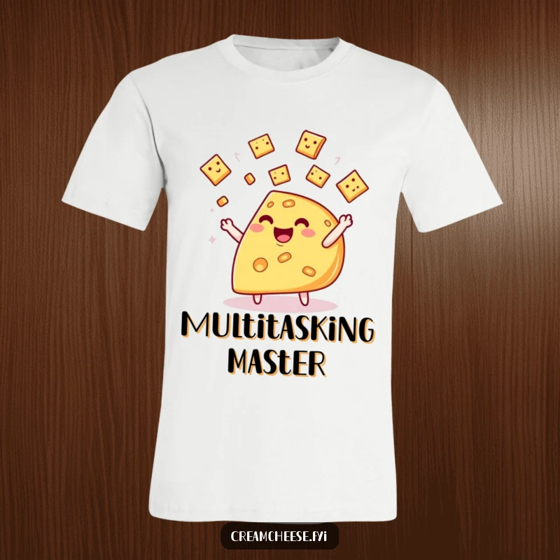 Funny cheese wedge t-shirt, depicting a joyful character expertly juggling miniature crackers with a happy expression.