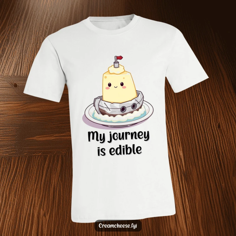 Funny T-Shirt with a cream cheese character sailing in a foil tugboat across a plate, depicting a delicious spreadable adventure.