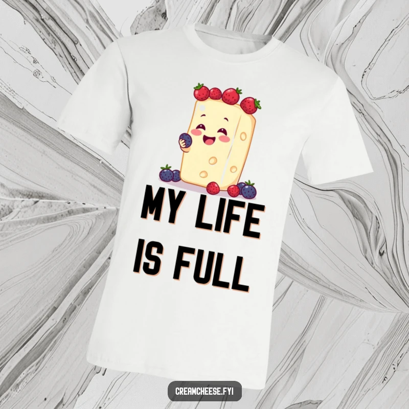 Funny cream cheese slice happily juggling a pile of small, sweet berries, printed on a comfortable t-shirt.