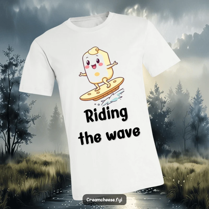 Funny Cream Cheese Surfer T-Shirt: A happy cream cheese character is shown expertly surfing on a giant cracker, highlighting a playful and adventurous spirit.
