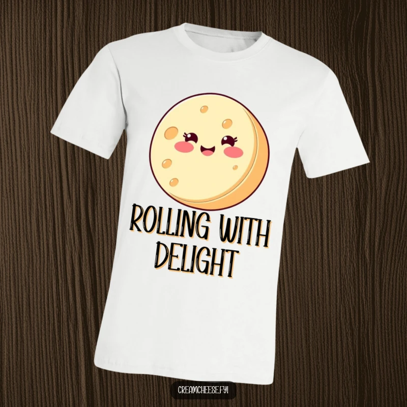 Funny T-Shirt: A round cream cheese wheel with a happy smiling face spins gleefully on its side, embodying pure, cheesy delight.