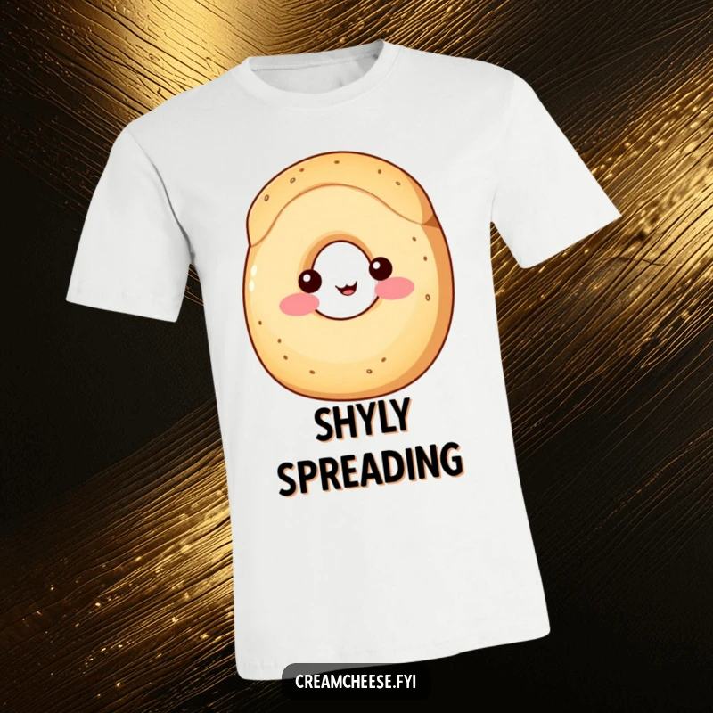 Funny T-Shirt: A bashful wedge of cream cheese with pink cheeks peeks shyly from behind a friendly bagel, creating a cute breakfast scene.