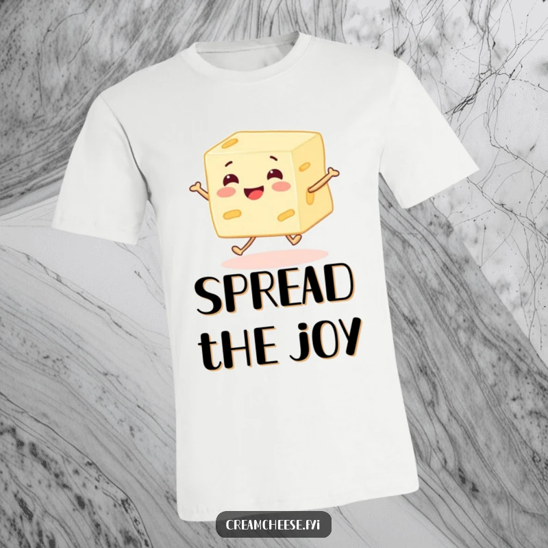 Funny cream cheese block character with legs skipping enthusiastically, showcasing pure joy and a whimsical, happy attitude on a comfy tee.