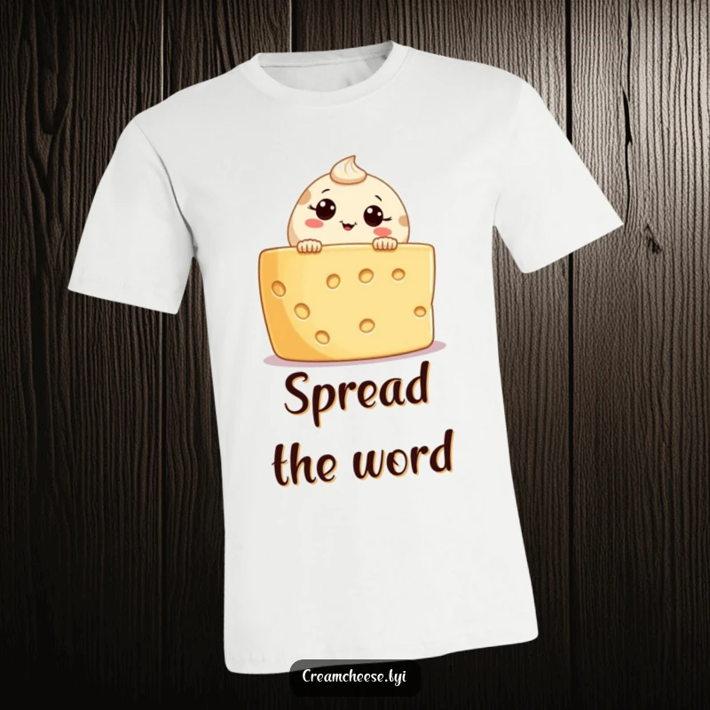 Funny cream cheese character peeking curiously over a cheese board, expressive, witty apparel for foodies, gift idea.