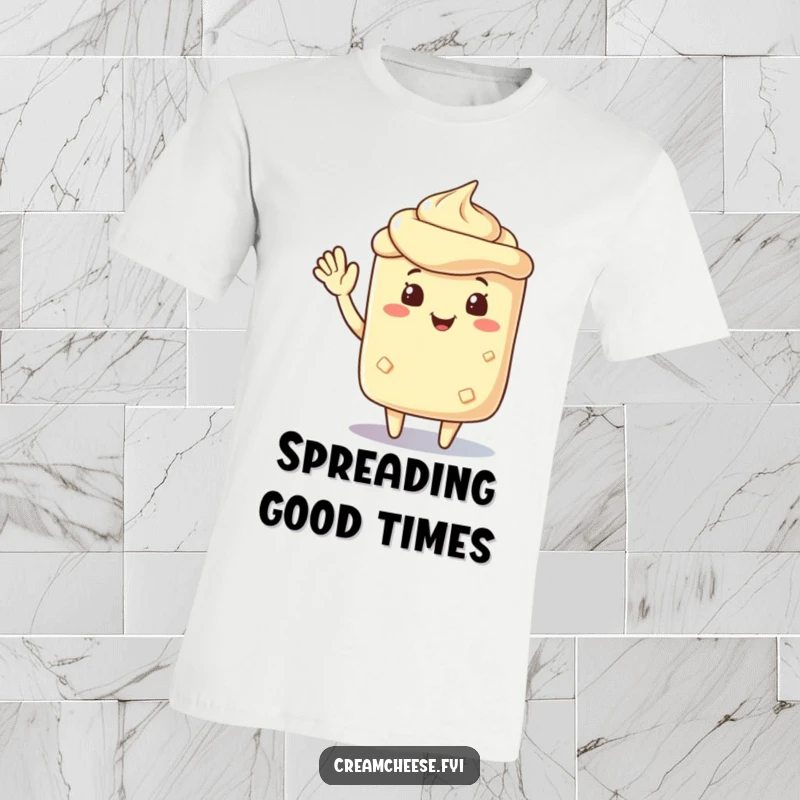 Funny cream cheese spread character offering a cheerful wave, showcasing a friendly and welcoming attitude on a soft, comfortable tee.