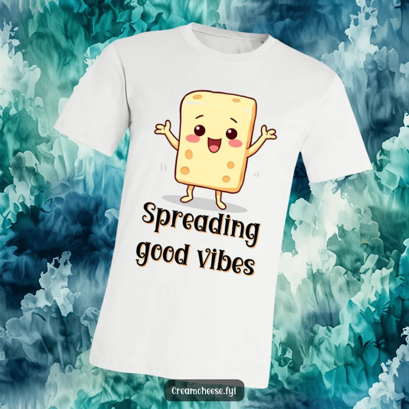 Funny t-shirt with a block of cream cheese character performing a comical dance, radiating energetic movement and pure silliness.