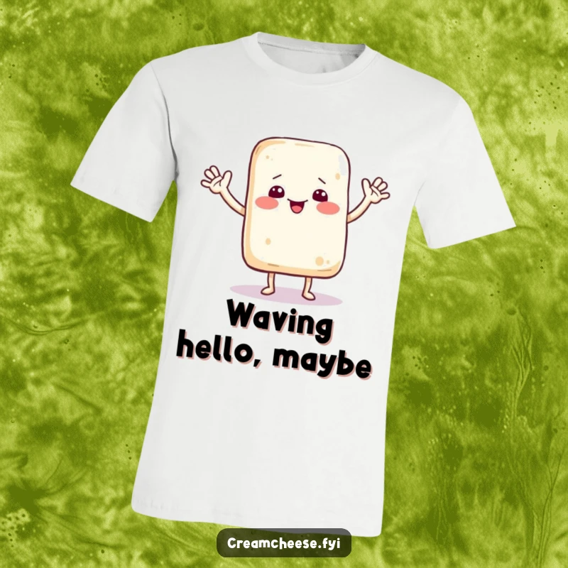 Funny t-shirt featuring a cute cream cheese bag character with tiny arms, joyfully dancing and waving hello to an audience.