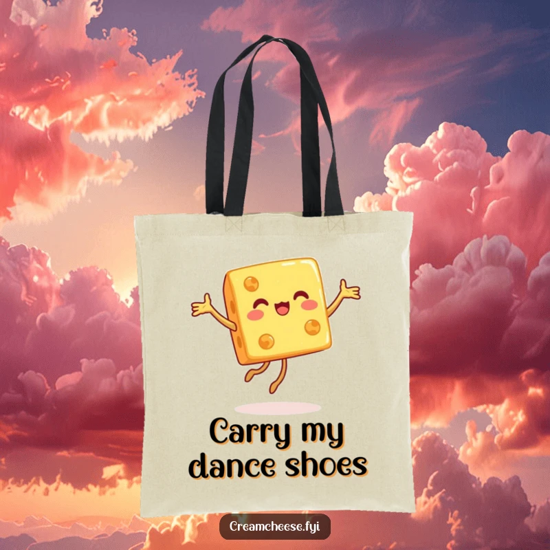Funny tote bag featuring a happy cheese cube performing a joyful pirouette, perfect for groceries or everyday use.