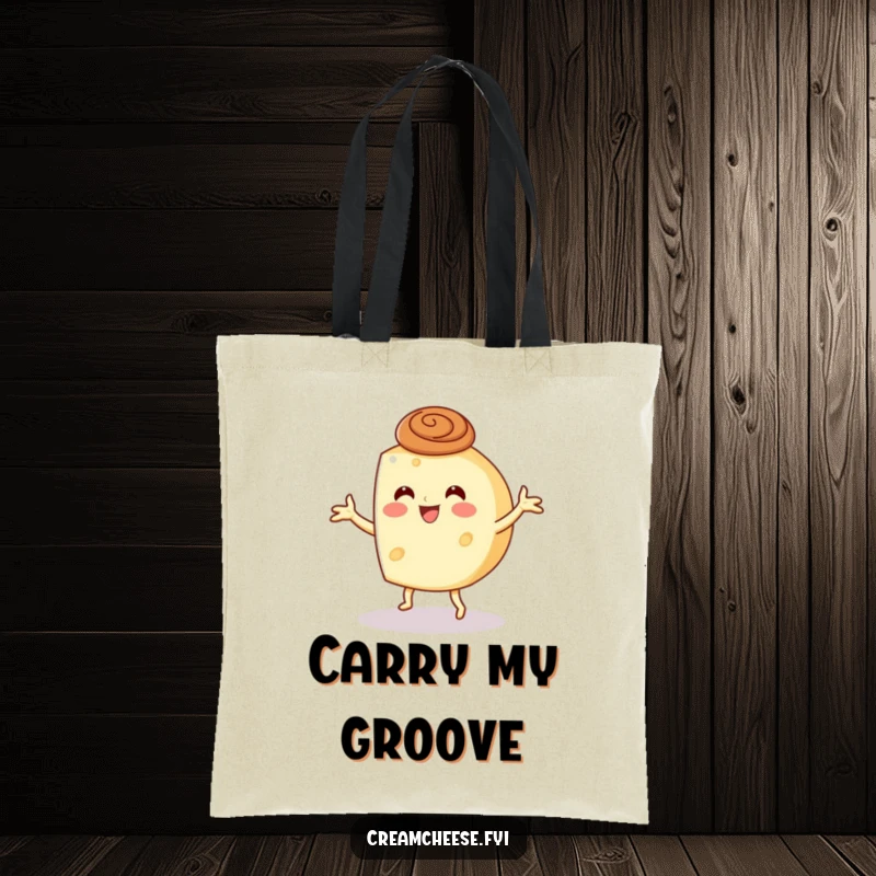 Funny cream cheese wheel character dancing with a cinnamon swirl hat, printed on a durable tote bag.