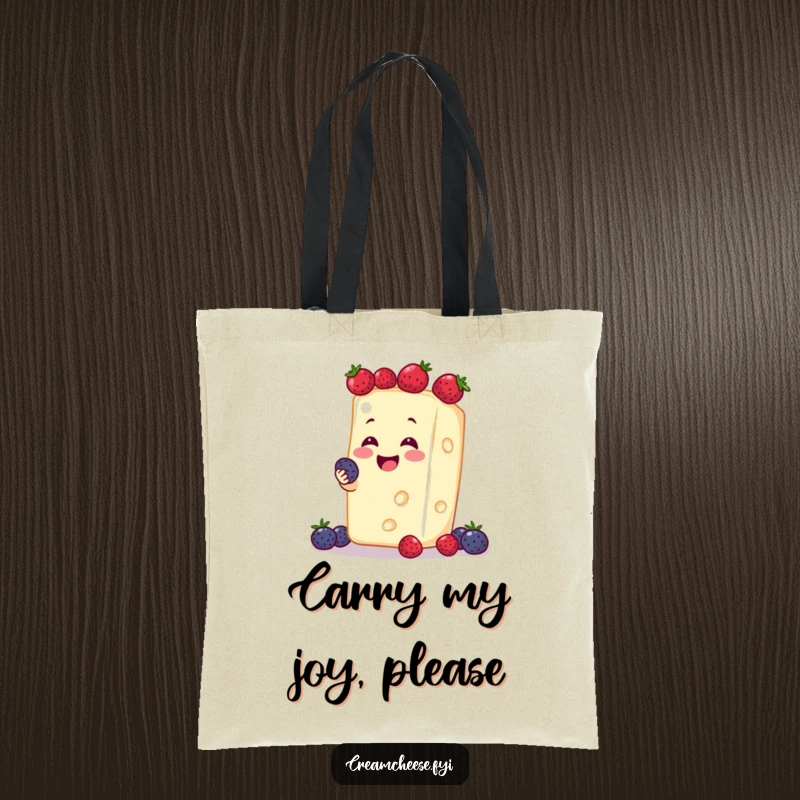 Funny cream cheese block juggling small, sweet berries with a beaming smile, printed on a durable tote bag.