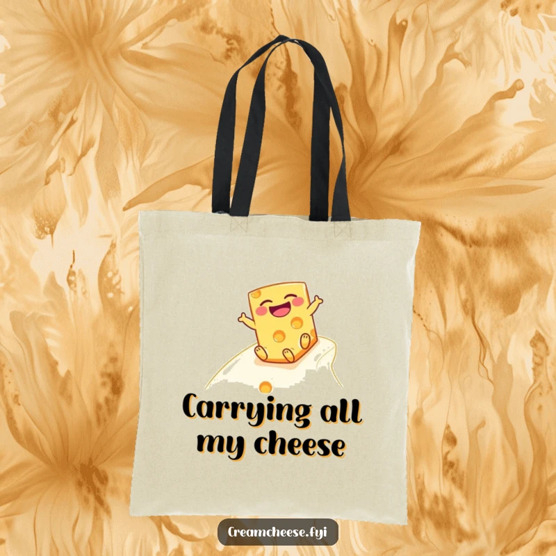 Funny cheese block tote bag, featuring a laughing cheese character enjoying a slippery ride down a creamy slope.