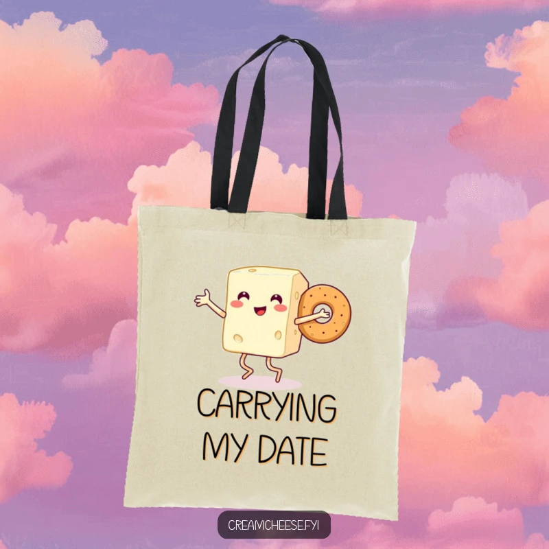Funny tote bag showcasing a smiling cream cheese block with legs dancing happily with a bagel, perfect for food enthusiasts.