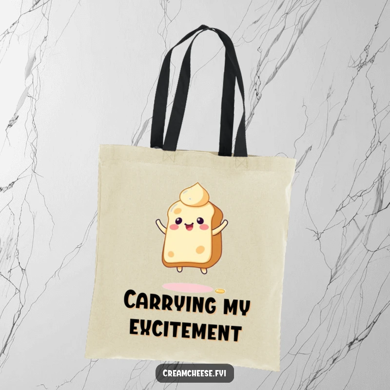 Funny Tote Bag with a giddy cream cheese character bouncing on toast, great for carrying items with energetic, spreadable style.