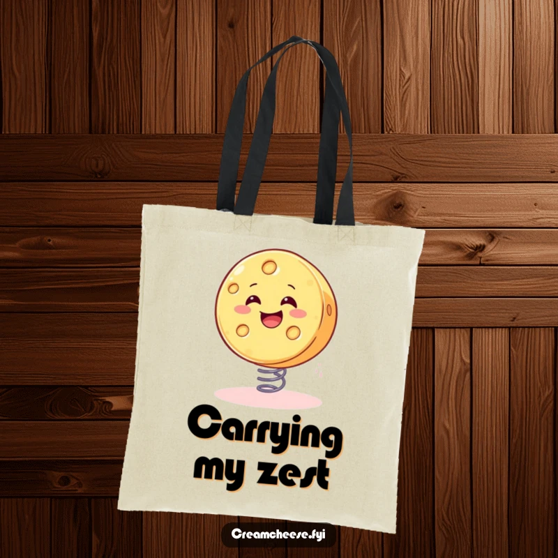 Funny cheese tote bag illustrating a smiling wheel of cheese joyfully bouncing on a spring, great for groceries.