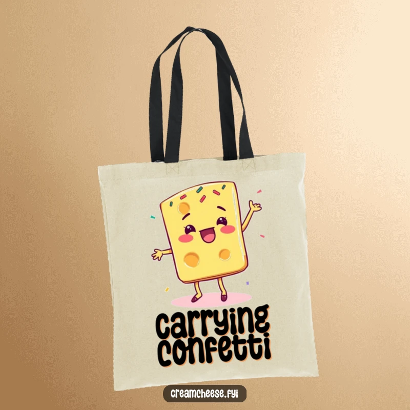 Funny cheese slice tote bag, featuring a delighted character doing a happy dance sprinkled with colorful confetti.