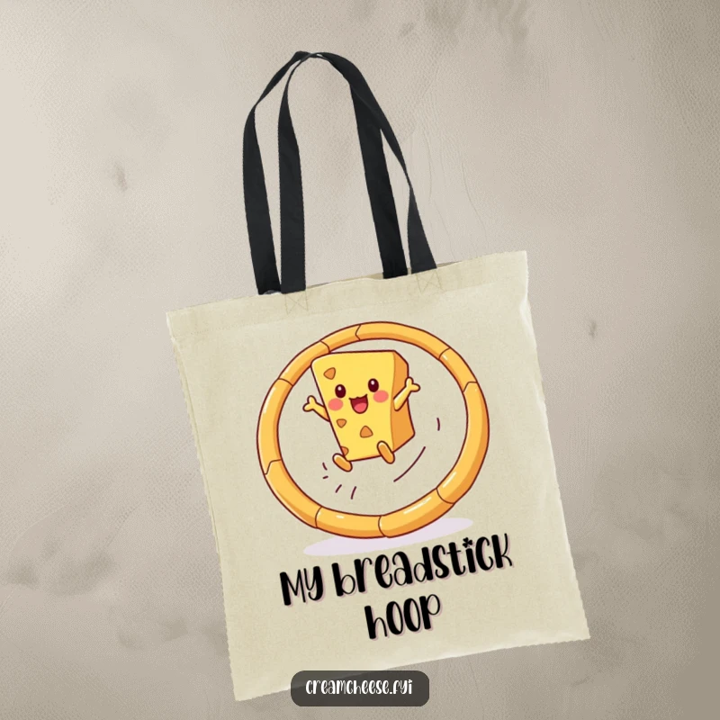 Funny tote bag featuring a playful cheese wedge leaping through a hoop made of breadsticks, perfect for groceries or everyday use.