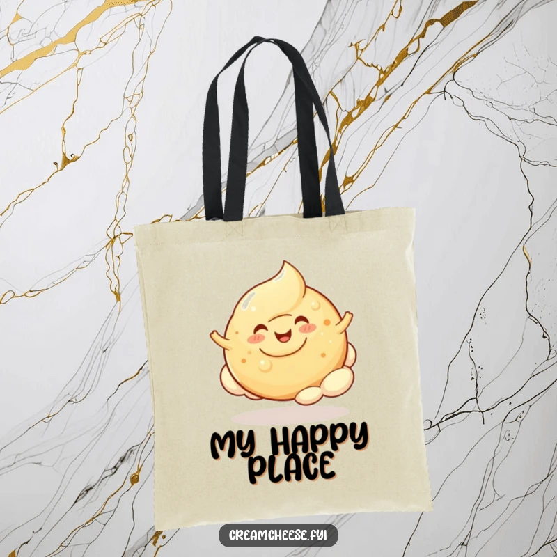Funny Cream Cheese Blob Bagel Cloud Tote Bag: A cheerful cream cheese blob happily bounces on a bagel cloud, a joyful carryall.