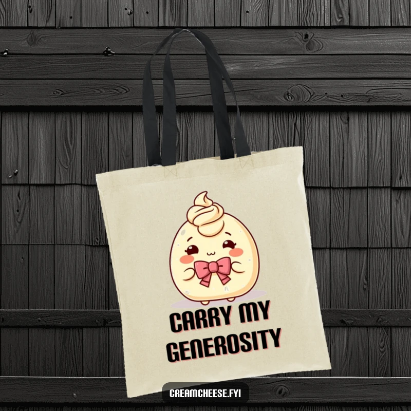 Funny Tote Bag showcasing a charming cream cheese character bowing elegantly, offering a portion, great for carrying items with spreadable personality.
