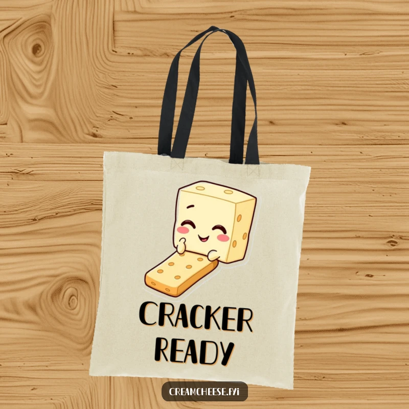 Funny tote bag depicting a cream cheese square character winking and sliding down a cracker, perfect for humorous carrying.