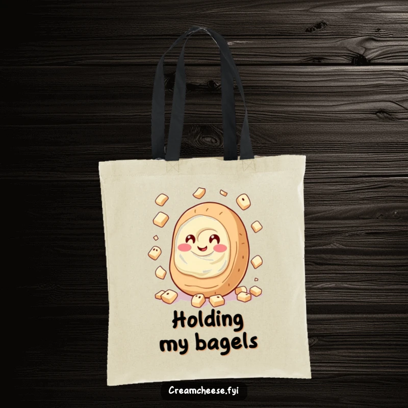 Funny Cream Cheese Tote Bag showcasing a giggling cream cheese spread nonchalantly juggling tiny bagel pieces, a humorous and functional accessory.