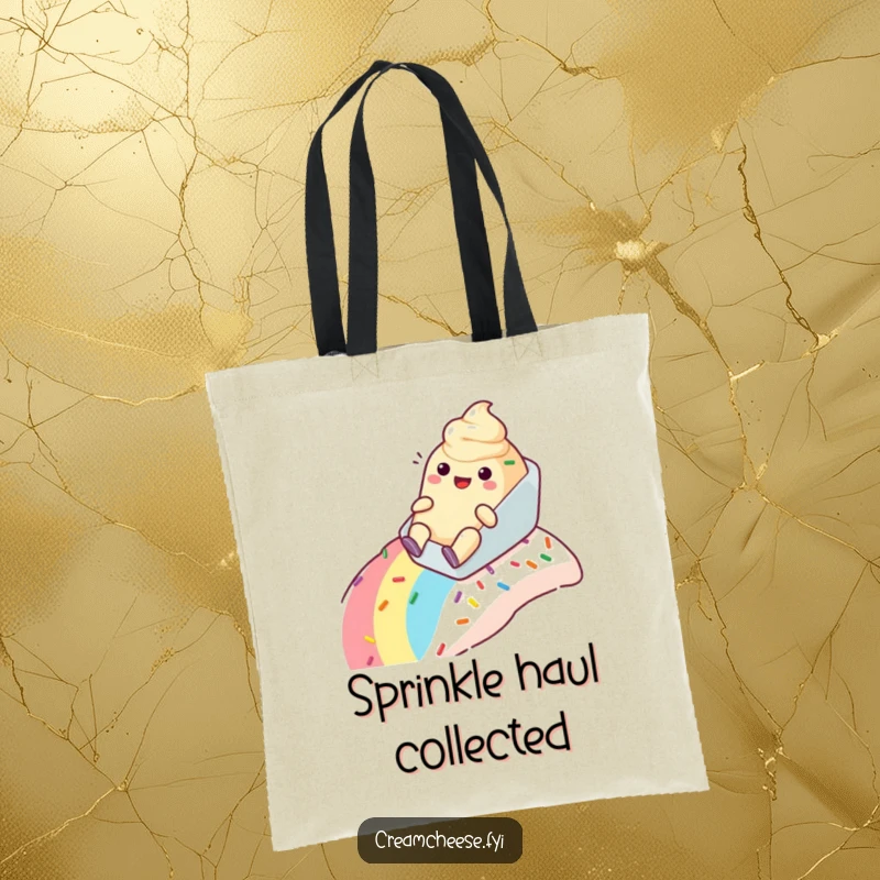 Funny anthropomorphic cream cheese tub tote bag happily sliding down a rainbow sprinkle slope, spacious and cheerful.