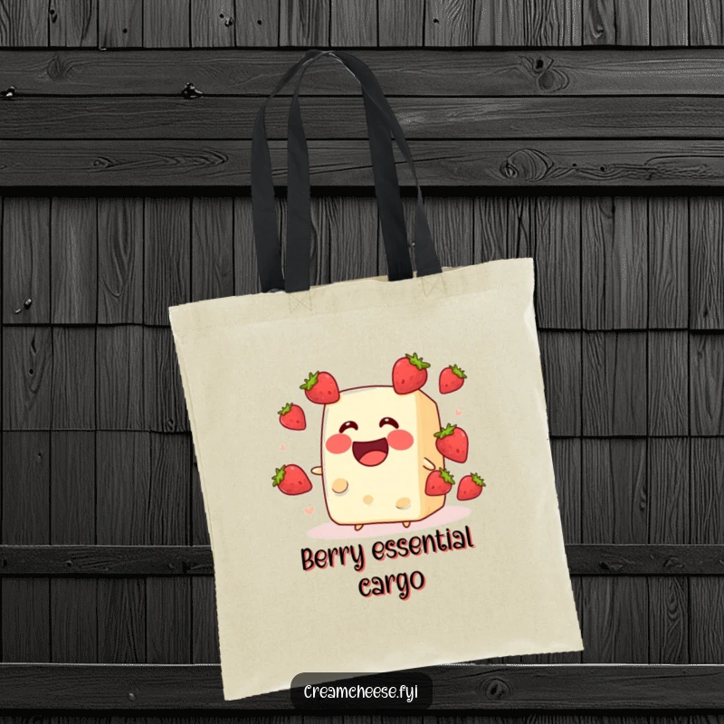Funny cream cheese block juggling strawberries, presented on a tote bag. A humorous and delightful food-themed design, excellent as a funny gift.