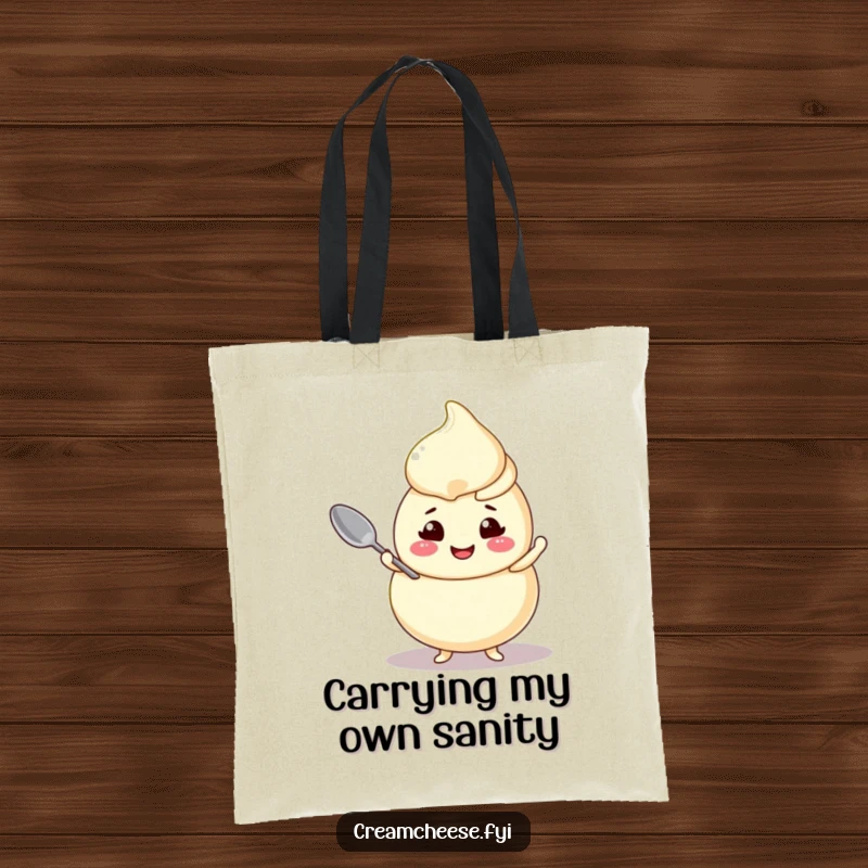 Funny cream cheese swirl tote bag, featuring a cheerful character balancing a small spoon, showcasing delightful charm.