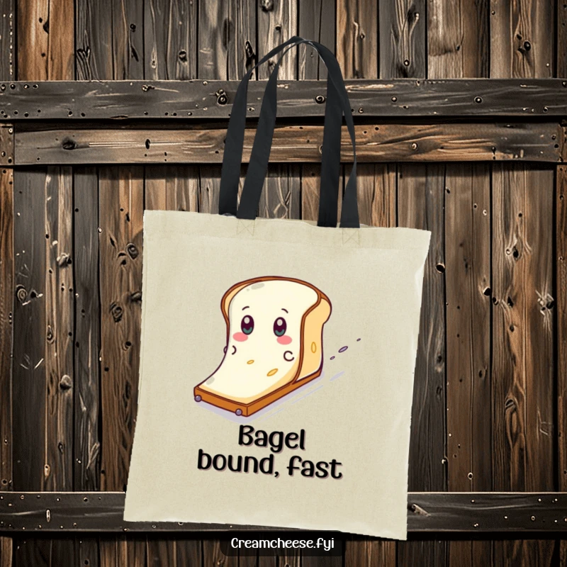 Funny Cream Cheese Toast Slide Tote Bag: A cream cheese character gleefully slides down a toast slope, a humorous carryall.