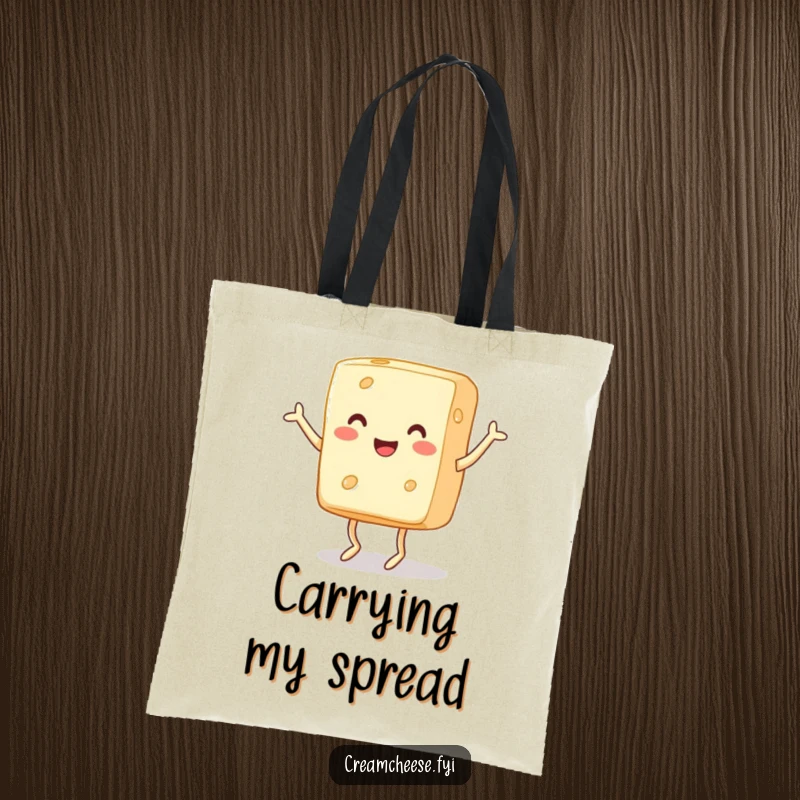 Funny Tote Bag: A cheerful block of cream cheese with tiny legs is caught mid-jig, dancing with absolute delight and cheesy exuberance.