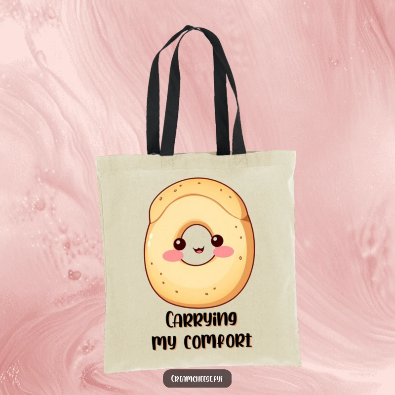 Funny Tote Bag: A shy wedge of cream cheese with rosy cheeks peeks from behind a friendly bagel, a cute and bashful breakfast duo.