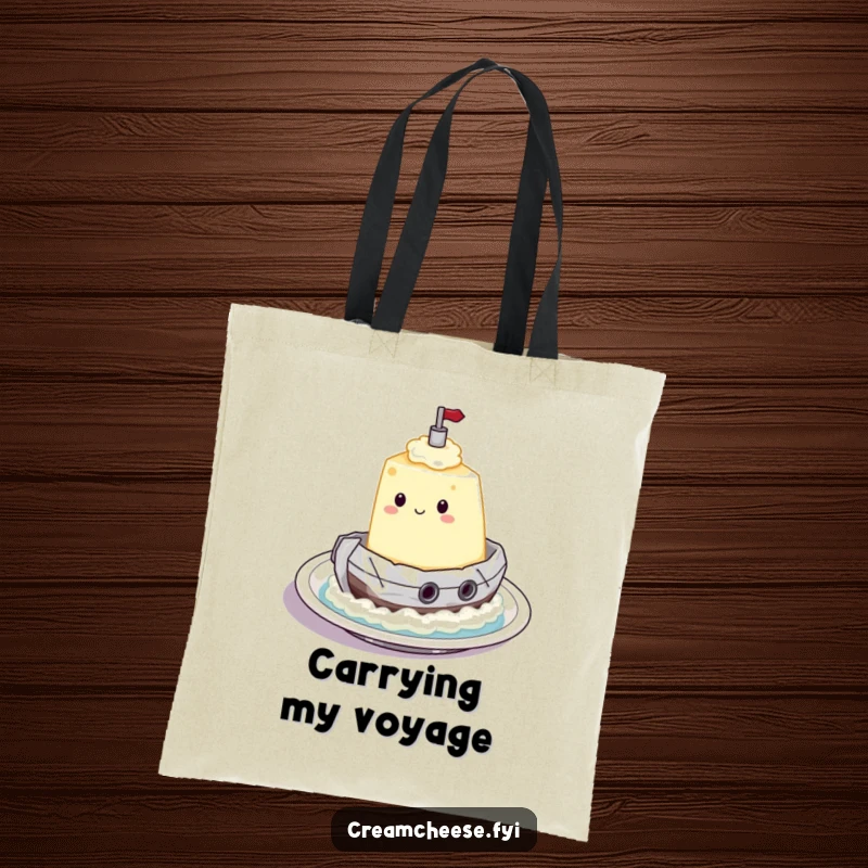 Funny Tote Bag with a cream cheese character sailing in a foil tugboat across a plate, great for carrying items with spreadable adventure.
