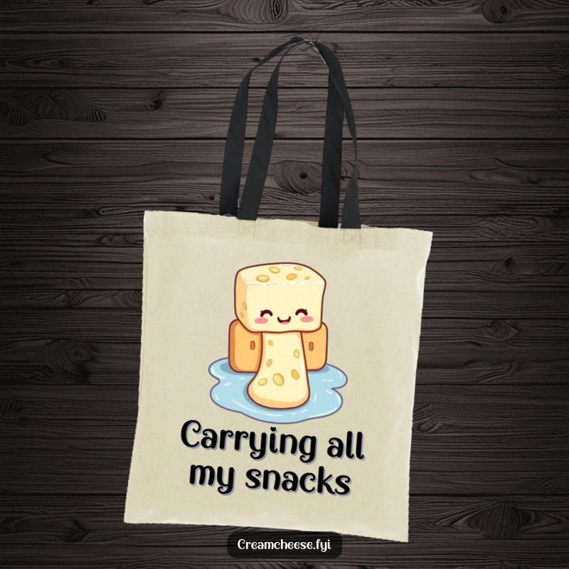 Funny tote bag showcasing cream cheese sliding down a cracker, a playful and practical accessory for humor lovers.