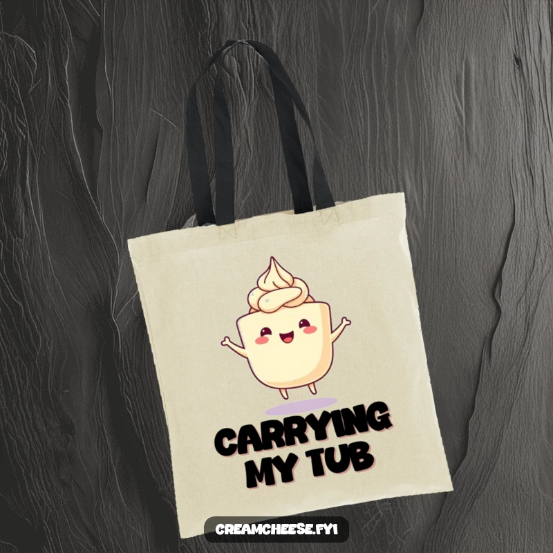 Funny Cream Cheese Tote Bag showcasing a happy cream cheese tub with frosting swirls doing a delightful wiggle dance, a cheerful and practical accessory.