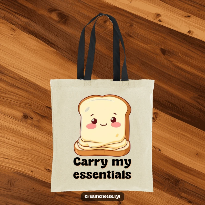 Funny tote bag featuring a cream cheese slice winking while spread on toast, a humorous and practical accessory.