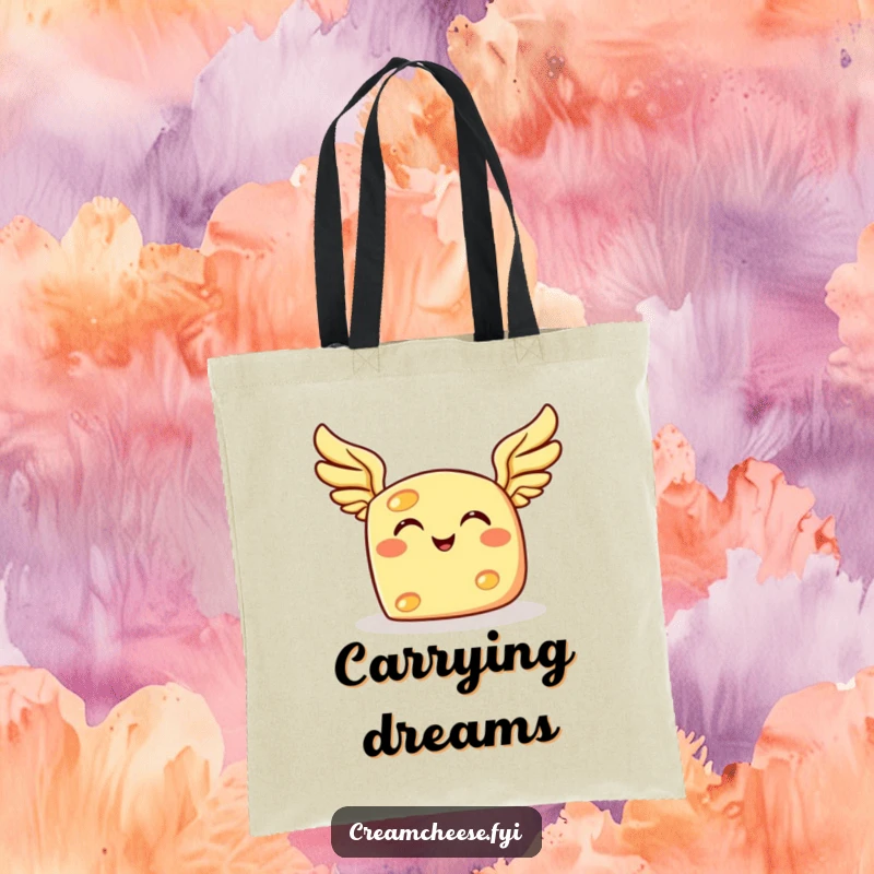 Funny cheese tote bag, featuring a grinning cheese character with tiny wings joyfully soaring through the sky.