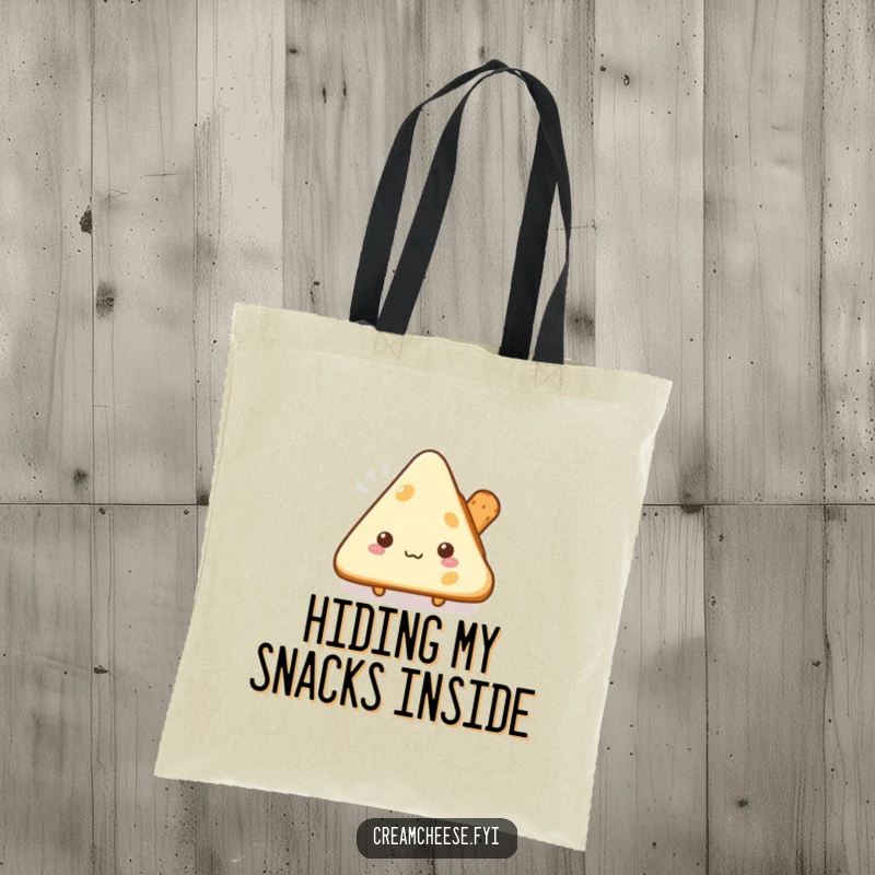 Funny shy cream cheese triangle tote bag peeking from behind a breadstick, a charming and humorous accessory.
