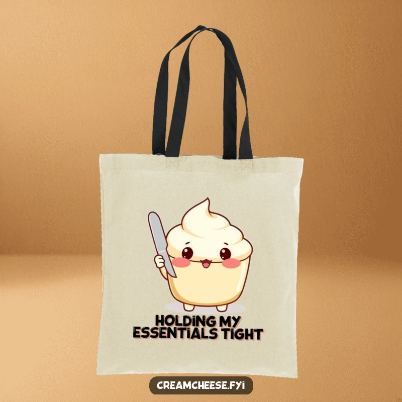 Funny Tote Bag: Surprised cream cheese spread with a knife and open lid, humorous accessory.