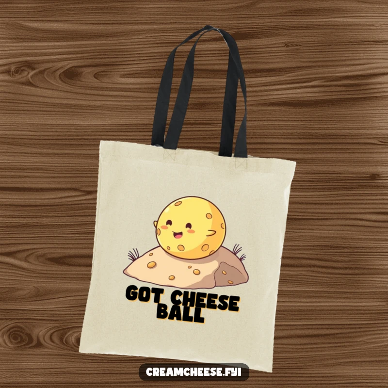 Funny tote bag featuring a happy, round cheese ball joyfully rolling down a hill, perfect for grocery shopping or everyday use.