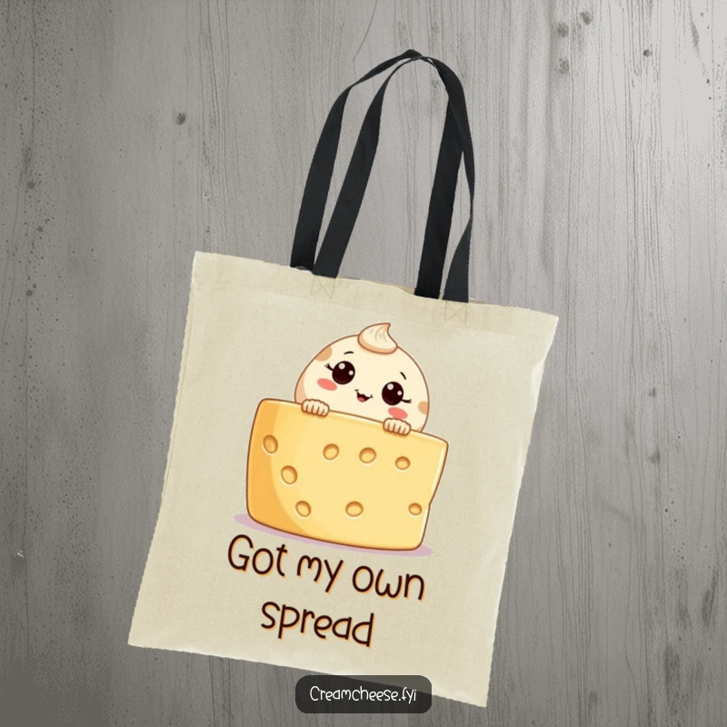 Funny cream cheese character tote bag, peeking over a cheese board, durable and stylish for shopping, great funny gift.