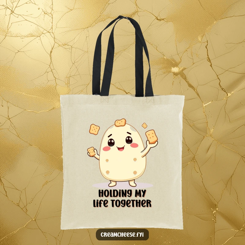 Funny tote bag featuring a cream cheese character juggling crackers, a humorous and practical accessory for daily use.