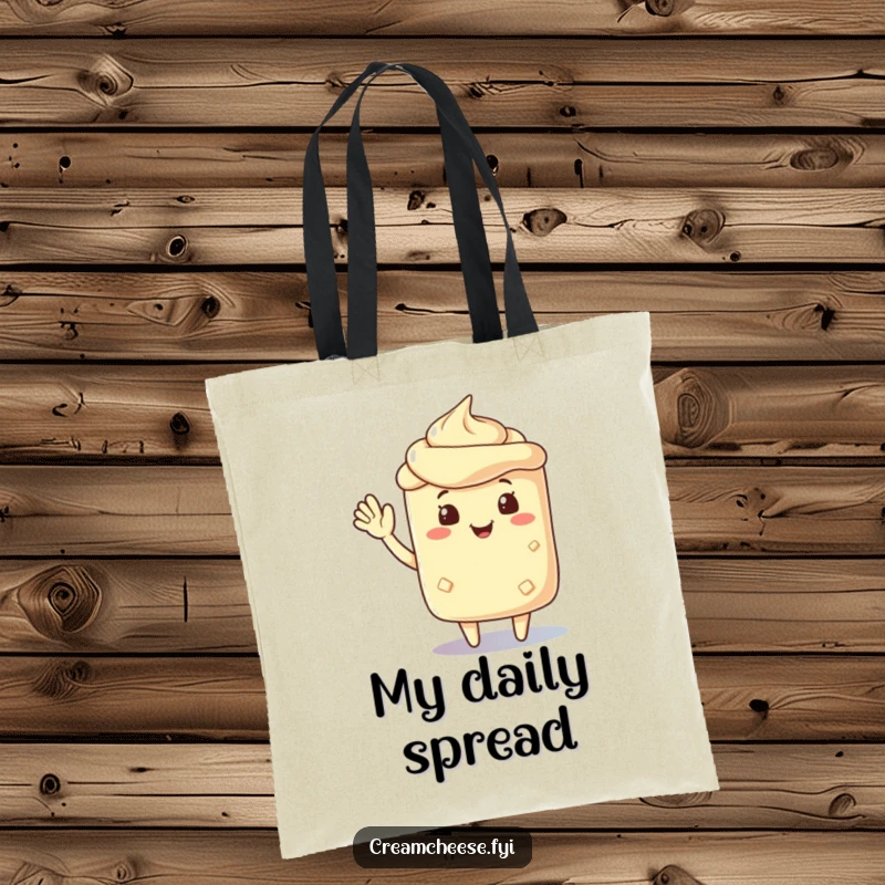 Funny cream cheese spread character offering a cheerful wave, ready to carry your belongings with a friendly and welcoming touch.