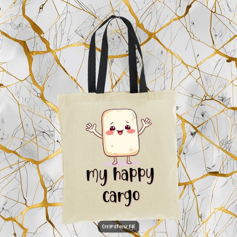 Funny tote bag depicting a cheerful cream cheese bag with tiny arms, dancing and waving a friendly hello to passersby.