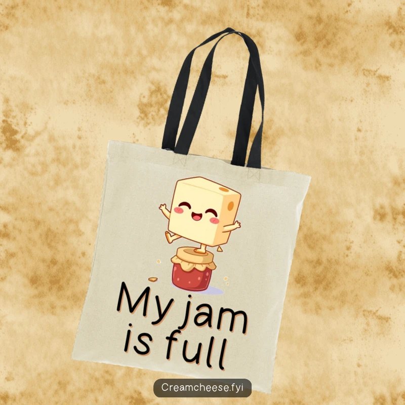 Funny tote bag depicting a smiling cream cheese block energetically leaping over a tiny jam jar, ready for adventure and everyday use.