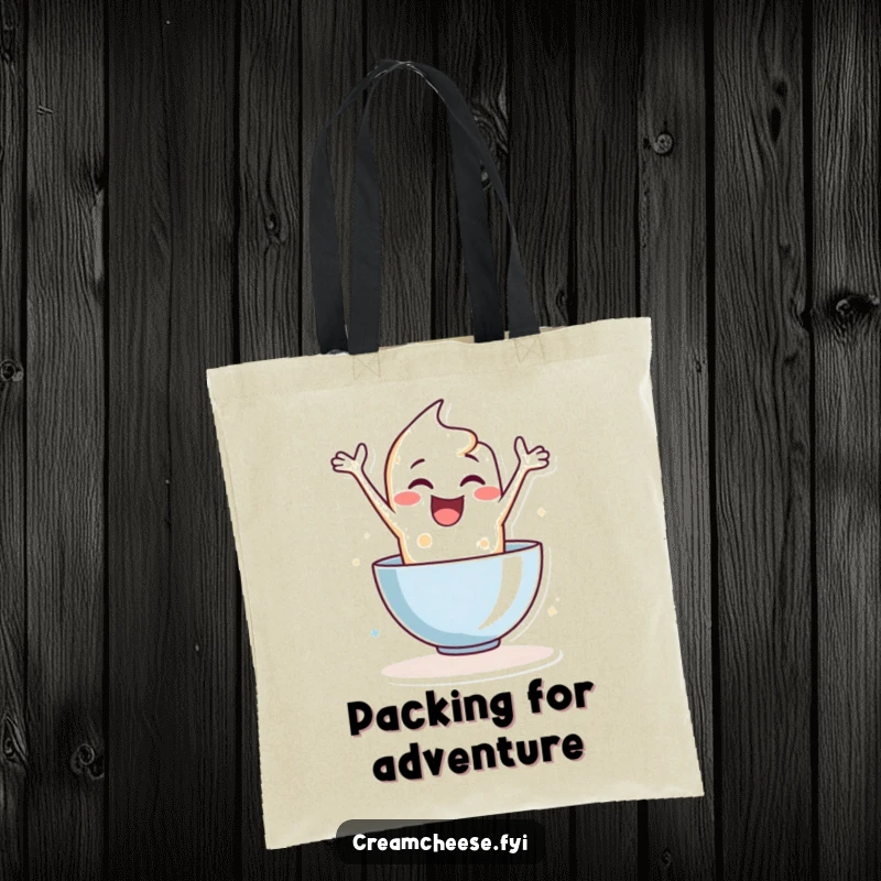 Funny tote bag featuring a delighted cream cheese character leaping into a mixing bowl, a humorous and practical accessory.