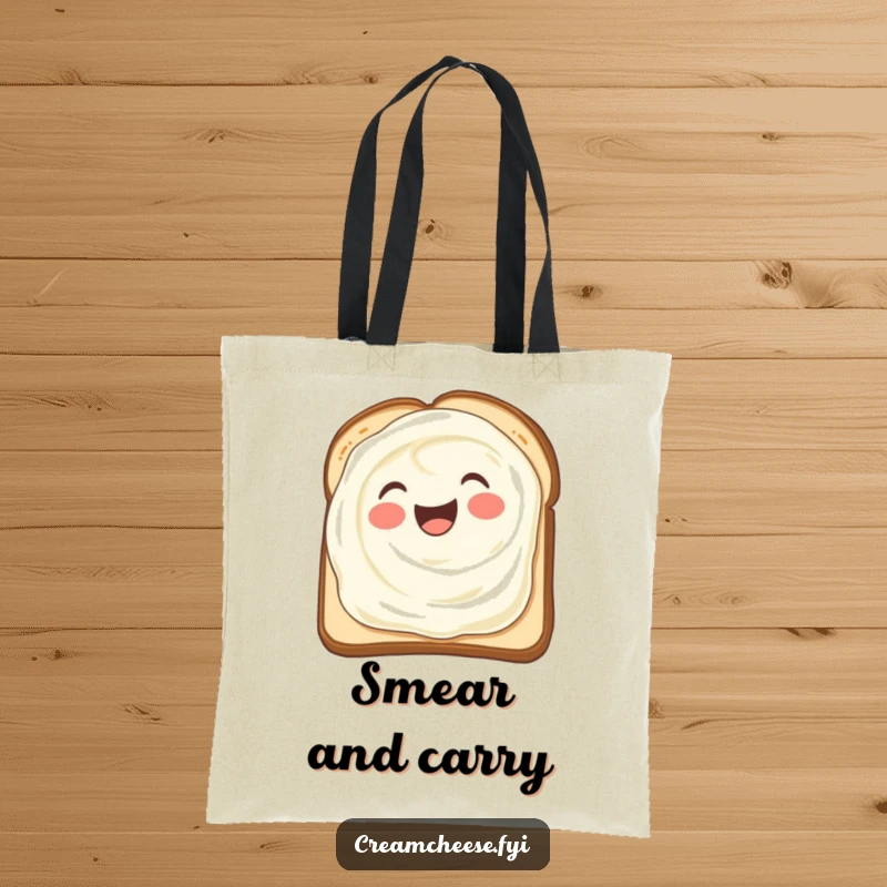Funny tote bag featuring a delighted cream cheese smear spreading joyfully over a piece of toast, a breakfast delight.