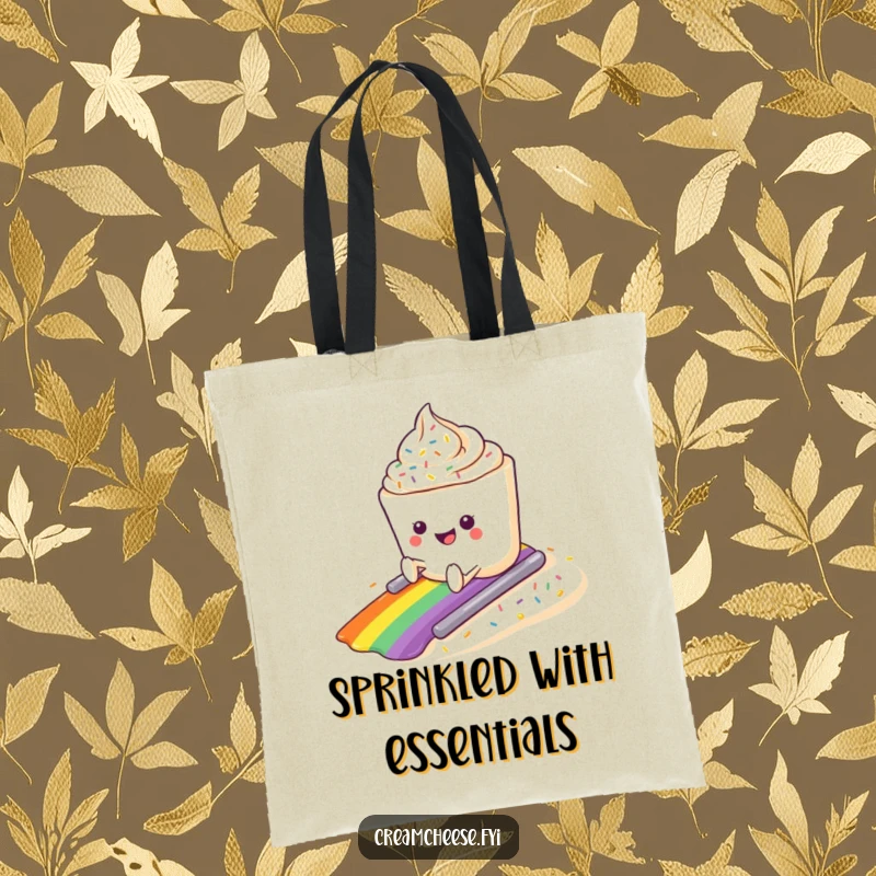 Funny cream cheese container tub character sliding down a rainbow sprinkle slope on a practical tote bag.