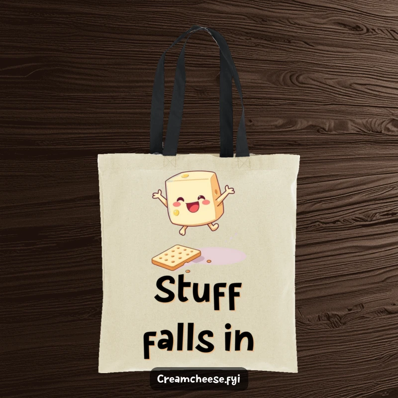 Funny cream cheese wedge character leaping over a fallen cracker, printed on a durable tote bag.